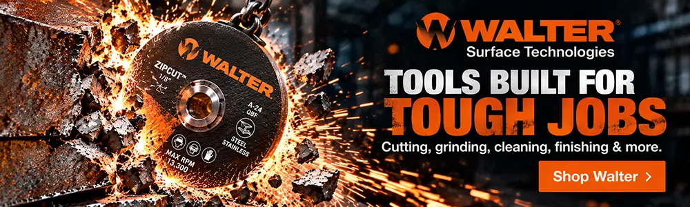 Walter banner Walter Surface Technologies abrasive wheel smashing through steel with sparks, promoting tools for cutting, grinding, cleaning and finishing.